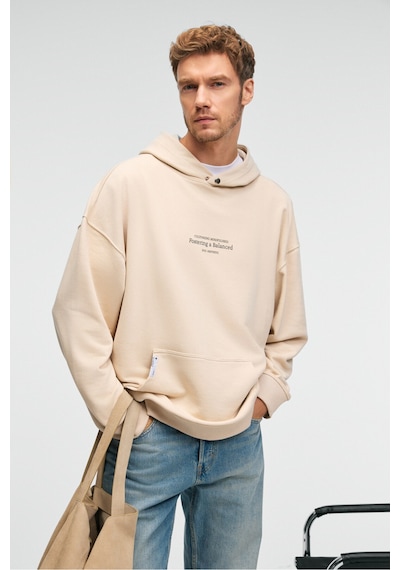 Grimelange CLAY Erkek %100 Pamuk Kapüşonlu Çıtçıtlı Baskılı Cebi Süs Etiketli Krem Sweatshirt