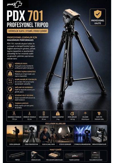 Pdx 701 Profesyonel Tripod Hidrolik Kafa Stabil Video Çekim