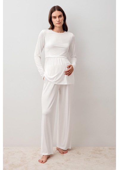Artış Collection Uzun Kollu Esnek Likralı Viskoz Hamile Pijama Takım 20212 Ekru