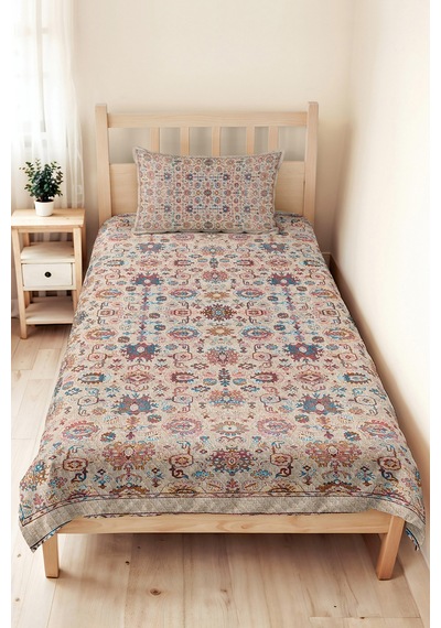 Etnik Bohem Krem Tek Kişilik Pike Takımı - Otantik Desenli 160x220 Cm Kapitone Yatak Örtüsü Lavantaımsı Bahçe Dokusu
