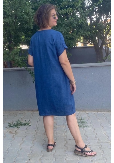 Mia Butik Büyük Beden Lacivert Kolye Hediyeli Salaş Elbise Lacivert