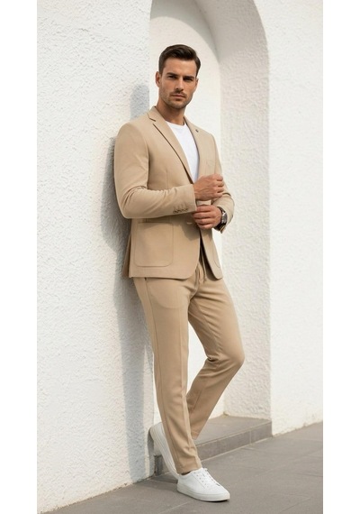 Erkek Gofre Desenli Takım Elbise Bağcıklı Pantolon Duble Paça Tek Düğme Modern Slim Fit Bej