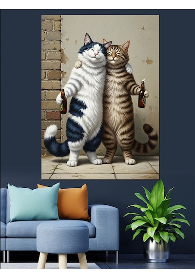 İki Kedi Dostluk İçecek Dekoratif Kanvas - Mdf Ahşap Tablo