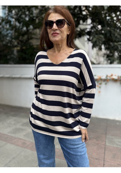 DenizEge İtalyan Yün Angora Çizgili Triko Lacivert
