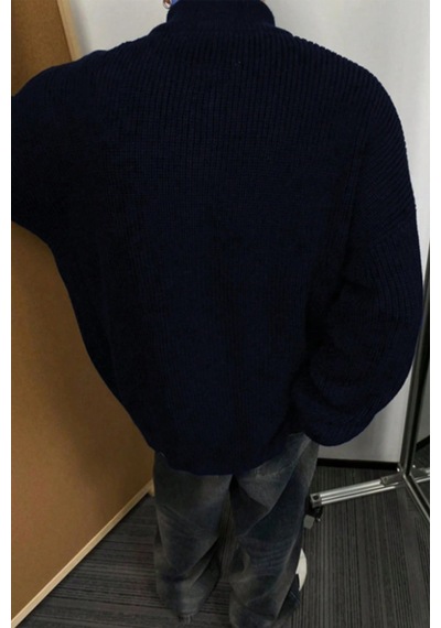 Tarz Cool Erkek Dik Yaka Fermuarlı Slim Fit Triko Hırka Lacivert