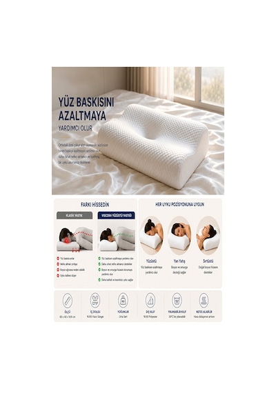 Yüzüstü Uyku Yastığı Nefes Alabilen Ergonomik Çift Taraflı Visco Yastık Beyaz