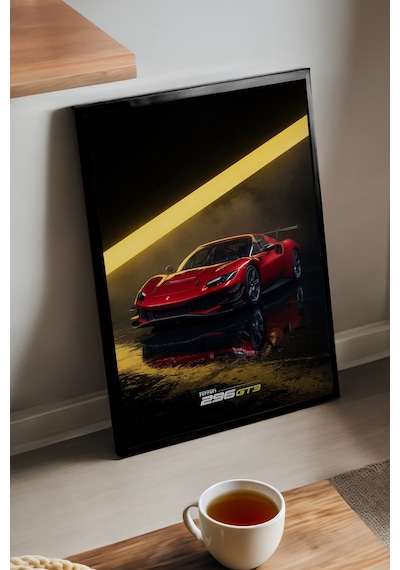 Ferrari 296 Gt3 Siyah Ahşap Çerçeveli Poster, Dekoratif Araba Duvar Tablosu