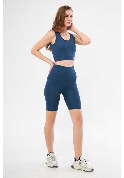 Lesa Wear Yüksek Bel Likralı Toparlayıcı Kısa Şort Tayt Crop Takım Mavi