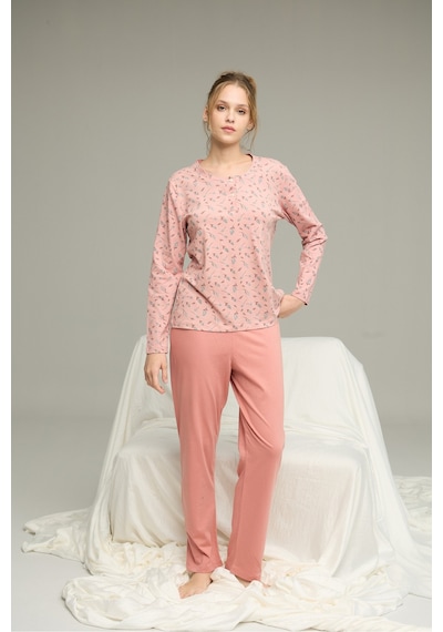 Siyah İnci Örme Pamuklu Pijama Takım25240266 Pudra