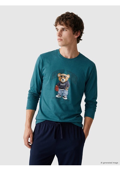 Lc Waikiki Lc Waıkıkı Petrol Regular Fit Teddy Baskılı Erkek Pijama Takımı