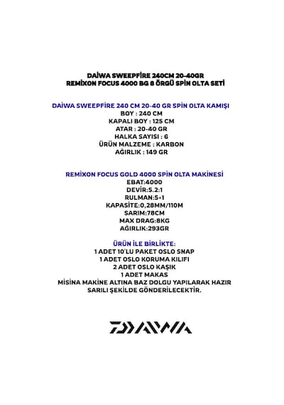 Daiwa Sweepfire 240cm 20-40gr Remixon Focus Bg 4000 8 Örgü Spin Olta Seti Standart