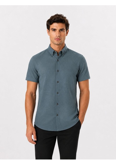Classics Men Jet Polo Likralı Kısa Kol Slim Fit Gömlek - 7669 Mavi