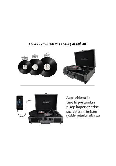 St14012 Retro Pikap - Bluetooth Ve Şarj Özellikli - Özel Dış Kaplama - Tüm Plakları Çalabilme Siyah/gri Deri