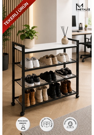 Loft 4 Katlı Siyah Tekerlekli Metal Ayakkabılık, Ahşap Mdf Tablalı, Çok Amaçlı Ayakkabı Düzenleyici, 77x30x70 Cm Loft 4 Katlı Siyah Tekerlekli Metal Ayakkabılık, Ahşap Mdf Tablalı, Çok Amaçlı Ayakkabı Düzenleyici, 77x30x70 Cm