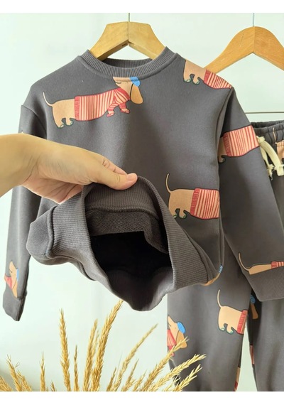 Lucco Çocuk Pamuklu Köpek Desenli Antrasit Sweatshirt Ve Eşofman Altı Takımı