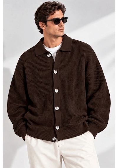 Genıus Store Erkek Hırka Oversize Kalıp Düğmeli Polo Yaka Triko Kazak Çekme/uzama Yapmaz Erkek-hırka Kahverengi