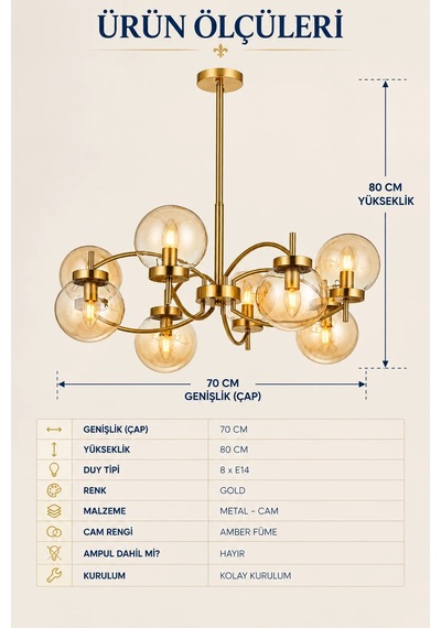 Modern Premium Avize Gold Gövdeli Amber Camlı 8'li Lüks Sarkıt Salon Avizesi 8xe14