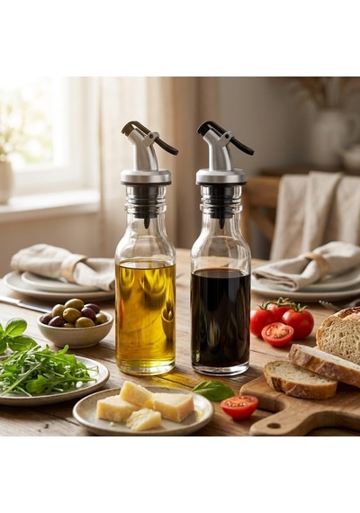 2 Li Cam Yağlık Sirkelik Seti, 300 Ml X 2, Akış Kontrollü Kapaklı Zeytinyağı Ve Sirke Şişesi, Salata Sosu Ve Sıvı Baharat Sunum Seti, Şeffaf