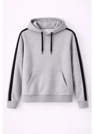 Butik İstanbul Erkek Şeritli Kapüşonlu Sweatshirt Oversize 3 Iplik Pamuklu - Gri
