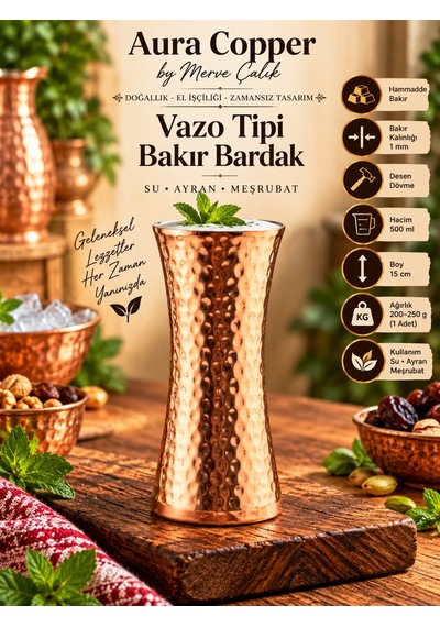 El Yapımı Dövme Bakır Bardak 500-600 Ml Meşrubat Bardağı Altın - Altın