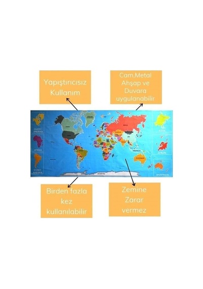 Durukar Renkli Atlas Dünya Haritası Manyetik Yapıştırıcı Gerektirmeyen Duvar Stickerı 118 Cm 56 C