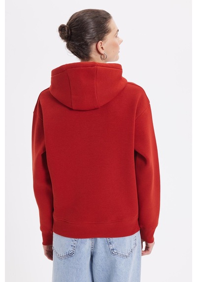 Tudors Kadın Oversize Geniş Kesim Pamuklu Yumuşak Dokulu İçi Polarlı Basic Kiremit Kapüşonlu Sweatshirt-37906 Kiremit