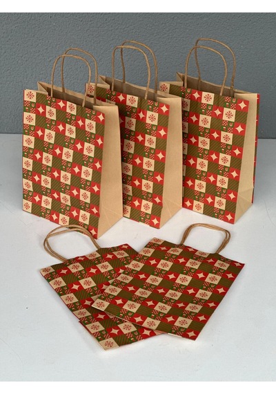 1.kalite 18x8x24 Cm 5 Li Yılbaşı Konseptli Kraft Kağıt Çanta Hediye Poşeti Hediye Paketi Kraft Çanta