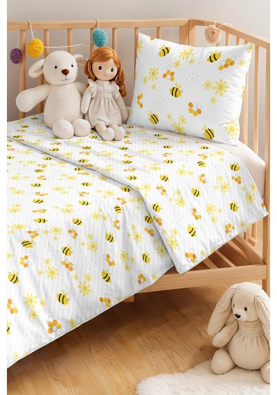 Evimde Bambaşka Arı Ve Çiçek Çocuk Odası Tek Kişilik Pike Takımı - Beyaz Minimal 160x220  CM Kapitone Yatak Örtüsü