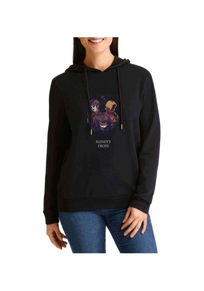 Anime Slendy'S Proxy Baskılı Siyah Kadın Kapşonlu Sweashirt