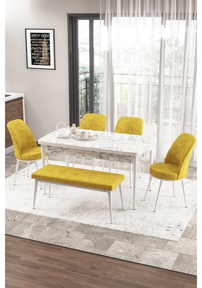 Canisa Concept Zen Serisi 80x132 Mdf Açılabilir Beyaz Mermer Desen Masa Takımı 4 Hardal Sandalye Ve 1 Bench Masa Beyaz Mermer Sandalye Ve Bench Hardal Canisa Concept Zen Serisi 80x132 Mdf Açılabilir Beyaz Mermer Desen Masa Takımı 4 Hardal Sandalye Ve 1 Bench Masa Beyaz Mermer Sandalye Ve Bench Hardal