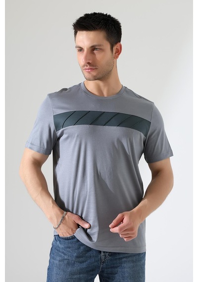 Erkek İki Renk Parçalı Bisiklet Yaka T-shirt - Pamuklu Tişört Gri