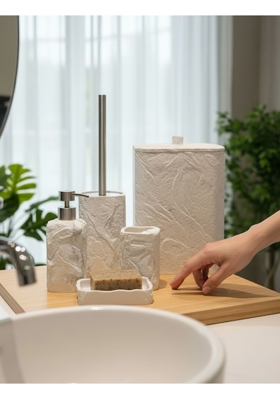 5 Parça Lüx Laduree Stonea Beyaz Silver Banyo Seti-5643