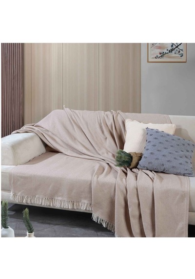 170 210 Cm Pamuklu Önden Saçaklı 170x210 Koltuk Örtüsü 2'li Paket Açık Bej