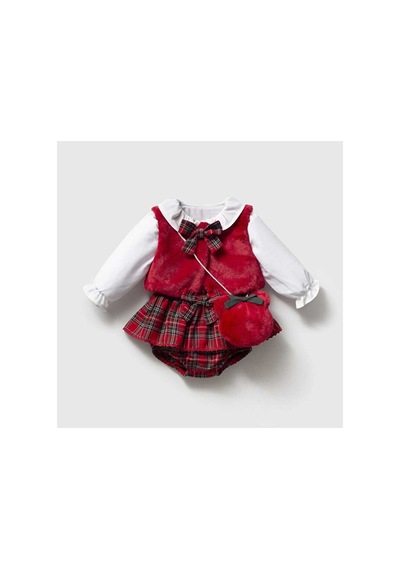 Ministok Nora Peluş Yelekli Çanta Aksesuarlı 3'lü Kız Bebek Takım Kırmızı