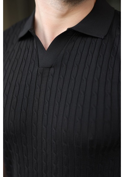 Madmext Siyah Slim Fit Polo Yaka Triko Erkek Tişört E7472 Siyah