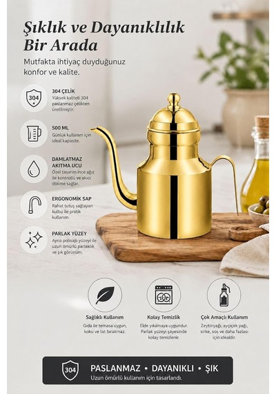 Komple 304 Çelik Gold 500 Ml Yağdanlık Sosluk Ve Sirkelik Mt271sr Çok Renkli