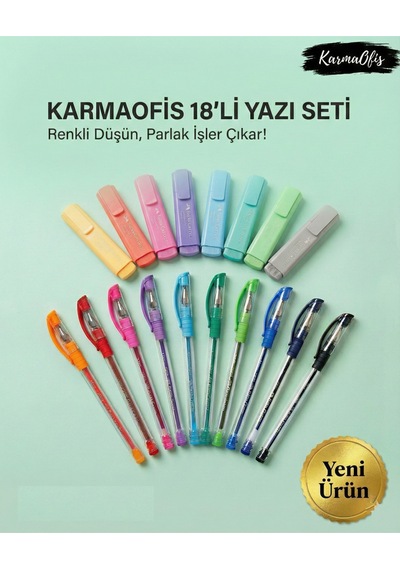 18 Li Yazı Seti 8 Li Pastel Fosforlu + 10 Lu Karışık Renk Tükenmez Kalem Çok Renkli