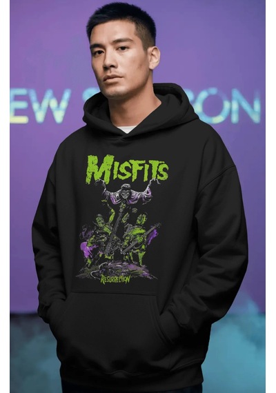 Sevbano Misfits Rock Metal Müzik Grubu Ön Baskılı Unisex Oversize Premium Siyah