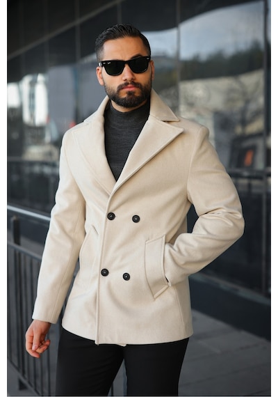 Premium Kruvaze Orta Boy Kaşe Kaban Krem