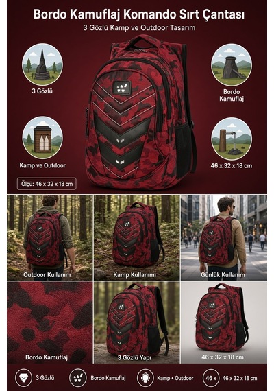 Komando Sırt Çantası Bordo Kamuflaj 3 Gözlü Kamp Ve Outdoor 46x32x18 Cm Çok Renkli