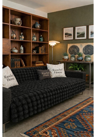 Raschel Home Bubble Peluş Koyu Gri Koltuk Örtüsü 165x205 Cm Krem Yıkanabilir Çekyat Örtüsü - Koltuk Örtüsü Gri