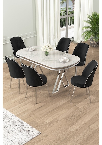 Canisa Lai Serisi 90x168 Lak Panel Beyaz Mermer Desen Krom Ayak Masa Takımı 6 Siyah Sandalye Beyaz Mermer Desen Masa Sandalyeler Siyah Canisa Lai Serisi 90x168 Lak Panel Beyaz Mermer Desen Krom Ayak Masa Takımı 6 Siyah Sandalye Beyaz Mermer Desen Masa Sandalyeler Siyah