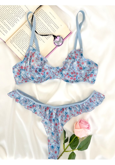 Arinda Butterfly Mavi Tül Çiçek Desenli Balenli Kapsız Fırfırlı Bralette Sütyen Tanga İç Çamaşırı Takımı Alt Üst 2 Parça