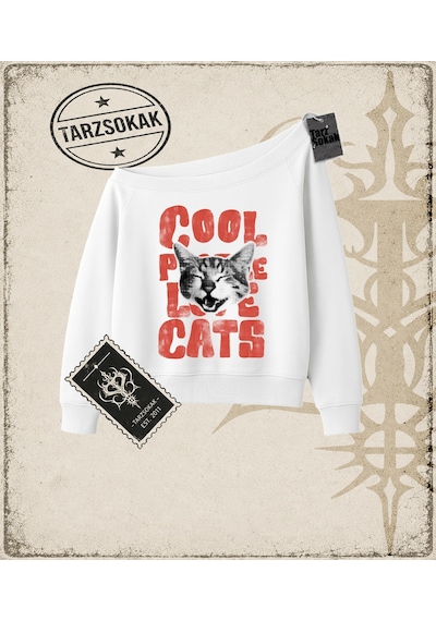 Tarzsokak Gotik & Grunge Streetwear Cool Cats Kayık Yaka Sweatshirt Beyaz