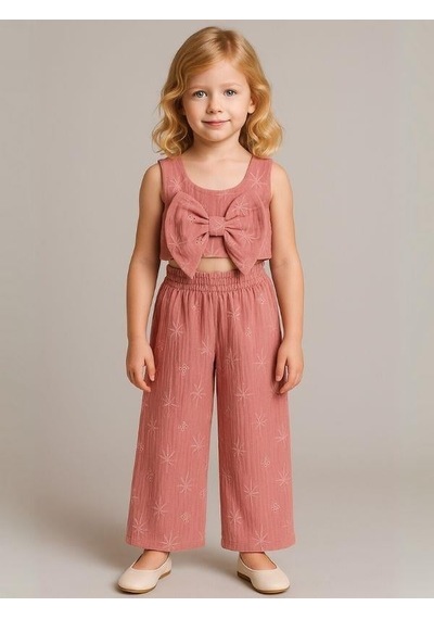 Zekids Kız Çocuk Müslin Crop Pantolonlu Takım-16077 Gül Kurusu
