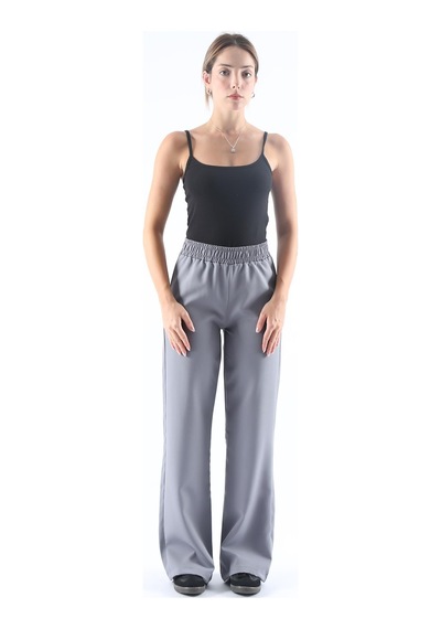Dokuma Gri Geniş Paça Beli Lastikli Basic Uzun Kadın Pantolon Sh191 S