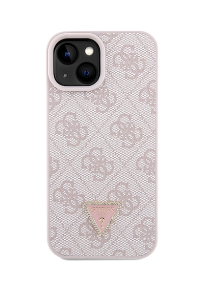 Apple Uyumlu iPhone 15 Kılıf Guess Lisanslı Pu Deri Taşlı Metal Üçgen Logolu Çapraz Vücut Askılı 4g Desenli Pembe