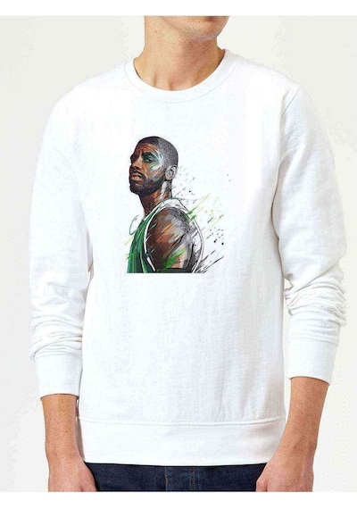 Basketbol Sporcu Baskılı Beyaz Erkek Örme Sweatshirt