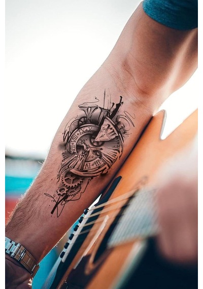 Gerçek Dövme Görünümlü 3 Boyutlu Saat Dövmesi, Tattoo, Erkek Geçici Dövme, Kol Dövmesi, Omuz Dö