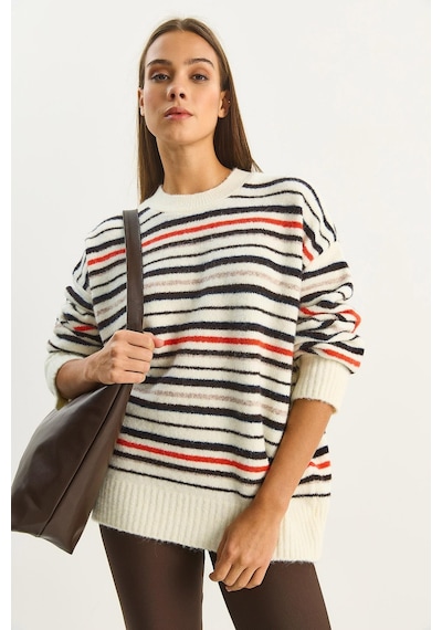 Shade Kadın Bisiklet Yaka Çizgili Oversize Triko Kazak 2524 60283680 - Krem